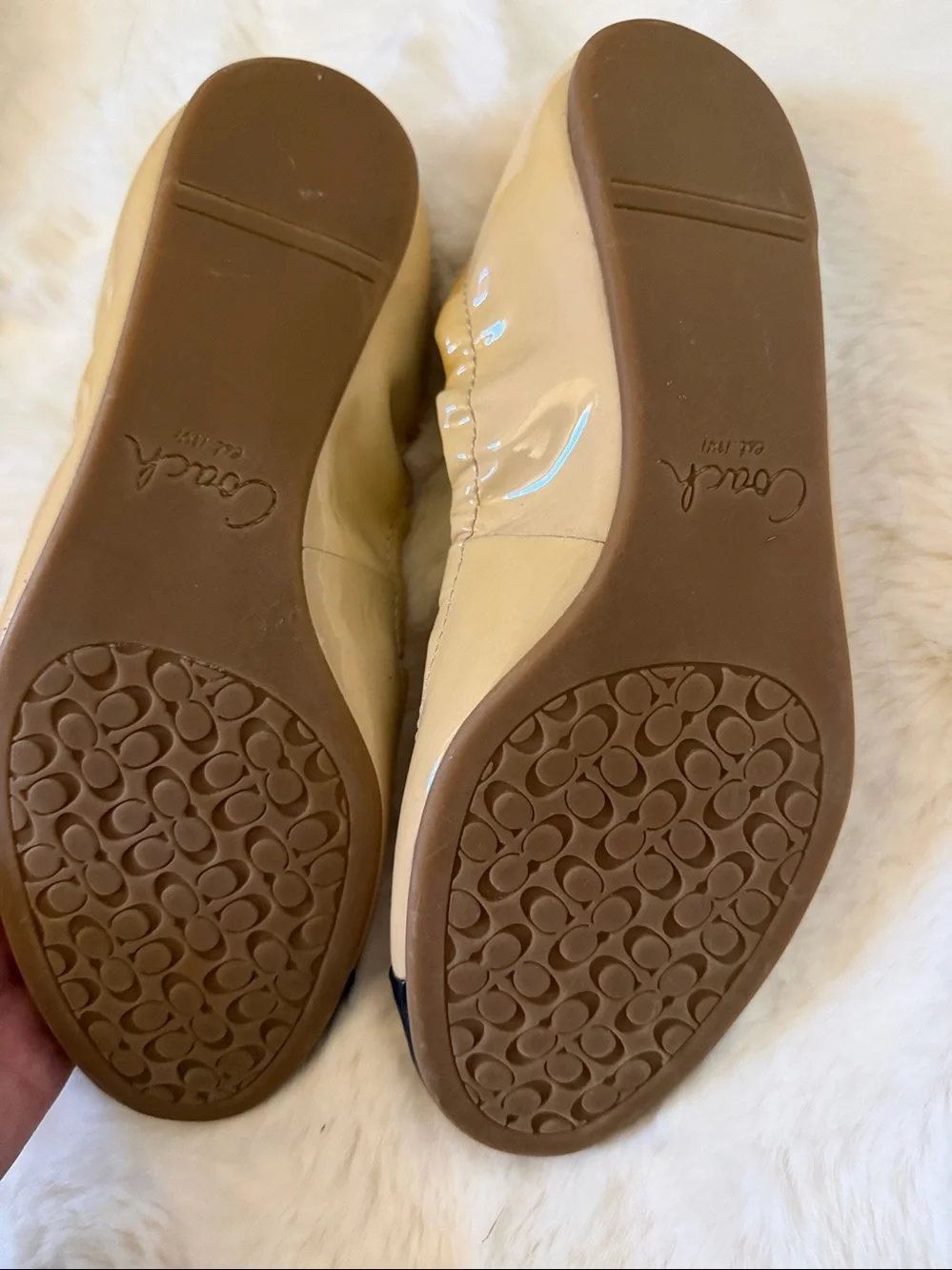 Coach Two-Tone Patent Leather Ballet Flats in Beige and Black with Gold Bow